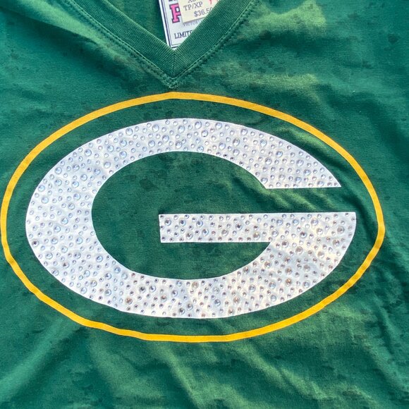 NWT PINK x NFL Packers Gemmed Burnout T-Shirt Sz XS Limited Edition Fan Game Day - Picture 2 of 12